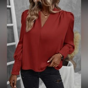 Luxe burgundy puff sleeve shirred cuff top